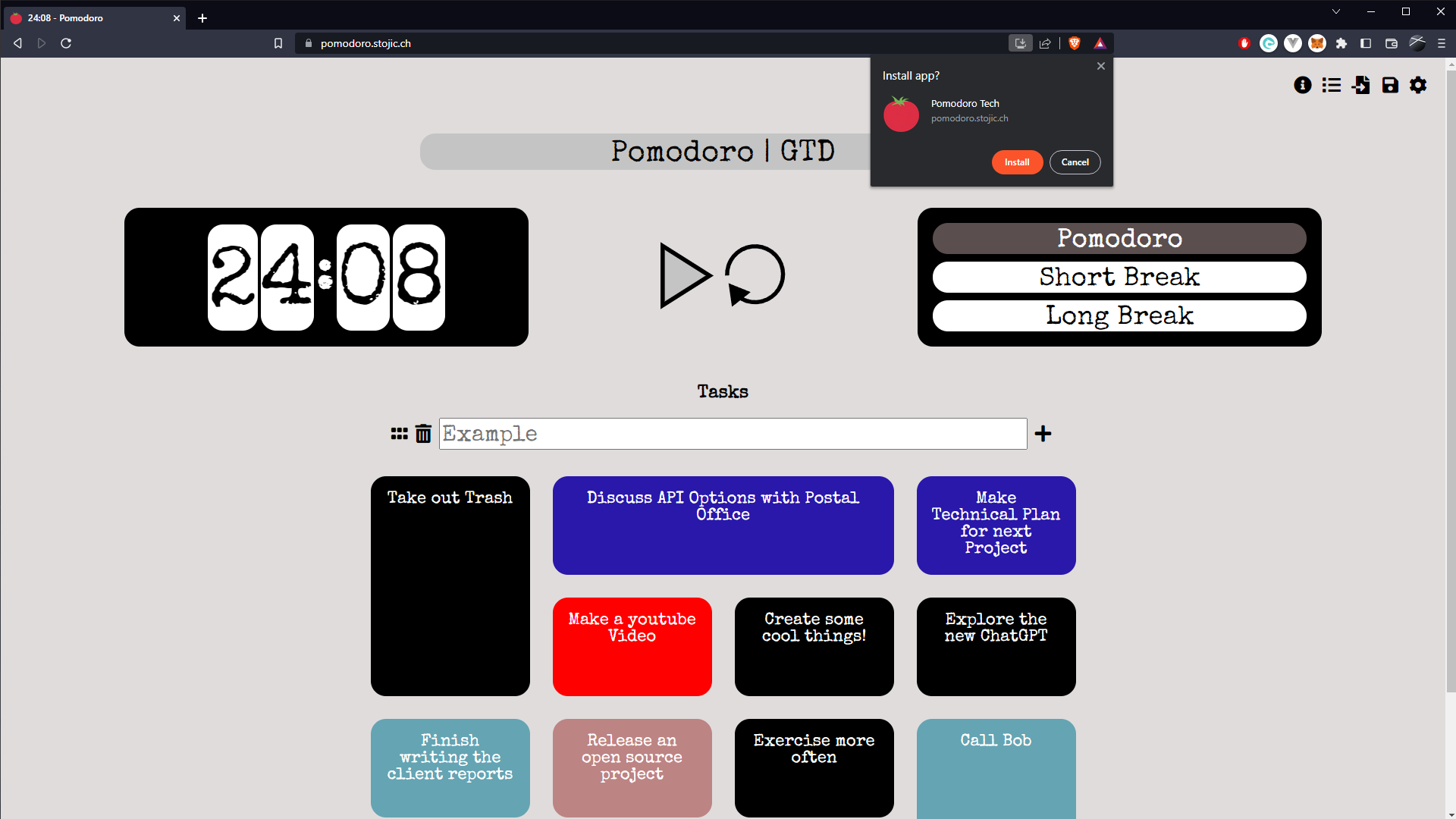 Pomodoro Application PWA install